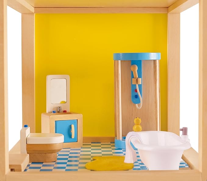 Hape Wooden Doll House Furniture Family Bathroom Set| Pretend Playset for Kid’s Wooden Dollhouse