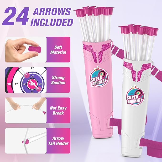 2 Pack Bow and Arrow for Kids, LED Light Up Archery Set with 24 Suction Cup Arrows, 2 Hanging Targets, 6 Score Targets & 2 Quiver, Indoor Outdoor Sport Toys for Girls Ages 4-12