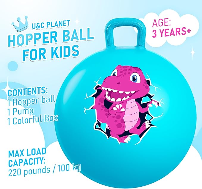 U&C Planet Hopper Ball 18 Inches Bouncy Ball with Handle for Kids Age 3-6 - Blue Dinosaur