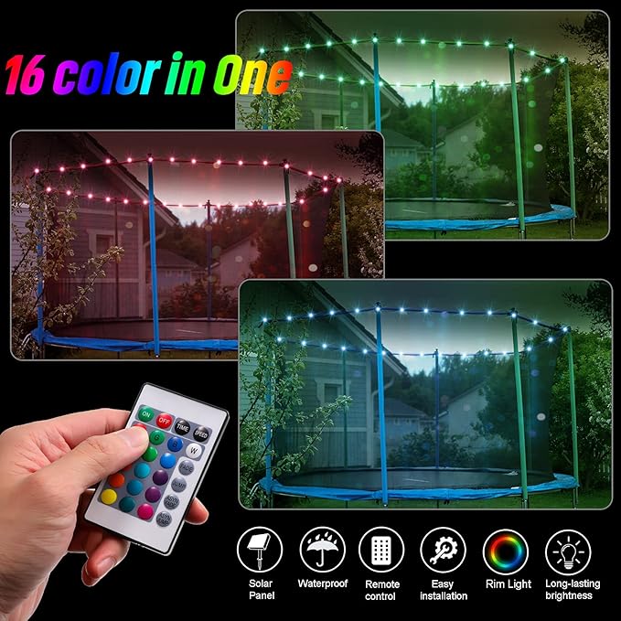 【Upgraded Solar Powered Version】LED Trampoline Lights with Solar Panel, Trampoline Rim LED Light for 12 Ft Trampoline Remote Control, 16 Color Change, Waterproof, Bright to Display at Night Outdoors