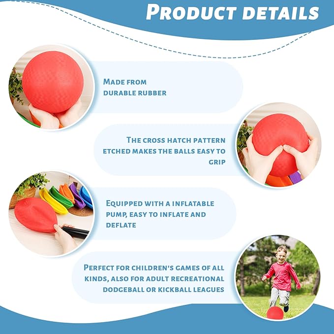 AMOR PRESENT Playground Ball, 8.5inch Inflatable Kickballs with Pump, Red Handball Rubber Dodgeball for Kids Beach Toy Sports Games Yoga Exercises Indoor Outdoor Pool Party