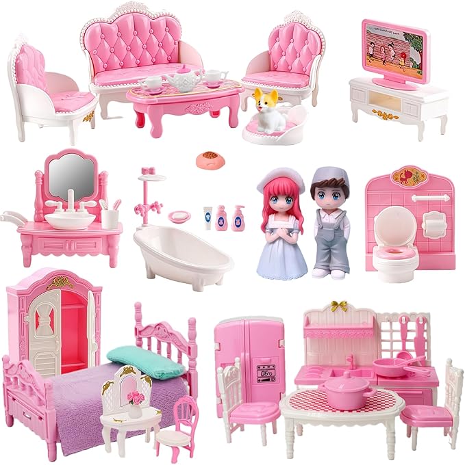 Princess Dollhouse Furniture Set, 48 Piece Luxury Miniature Accessories Collection with Living Room, Bathroom, Bedroom，Kitchen, TV Entertainment Set (Pink)