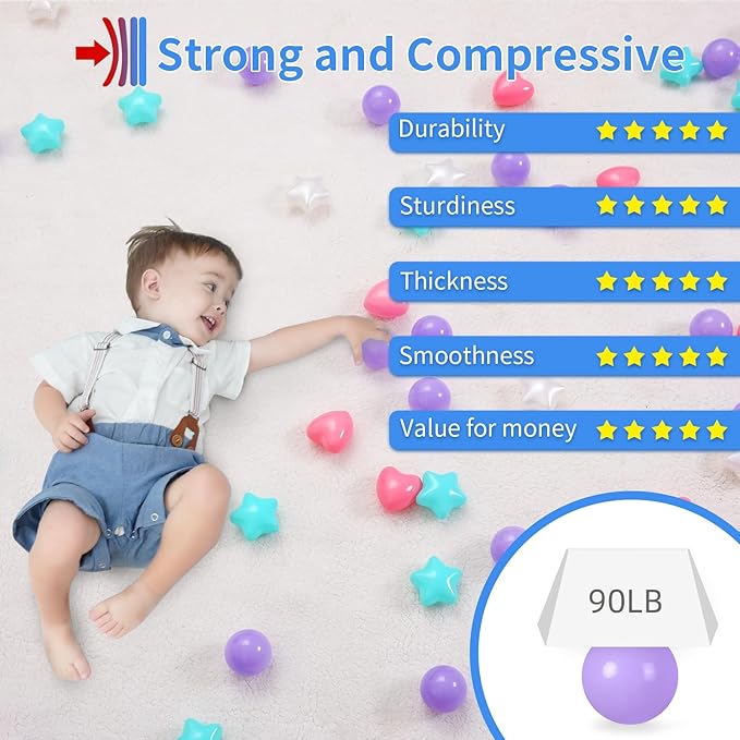 Ball Pit Balls for Kids - Mixed Star Heart Round Crush Proof Play Plastic Balls for Ball Pit Phthalate Free BPA Free Non-Toxic Indoor Outdoor,Soft Plastic Pool Balls for Kids Birthday Party.