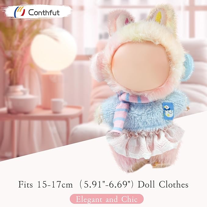 17cm Doll Clothes,Clothes for Dolls Outfit, Accessories for Dolls Clothes, Cute Clothes Set for Doll,No Doll Included(Blue Top+Dress+Earmuffs+Scarf)