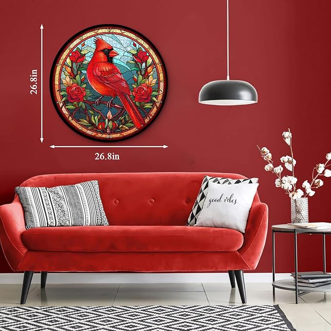Stained Glass Puzzle Bird Puzzles for Adults 1000 Pieces, Round Cardinal Bird Flower Puzzle, Impossible Hard Challenging Puzzles for Adults, Colorful Stained Glass Jigsaw Puzzle as Wall Art Decor