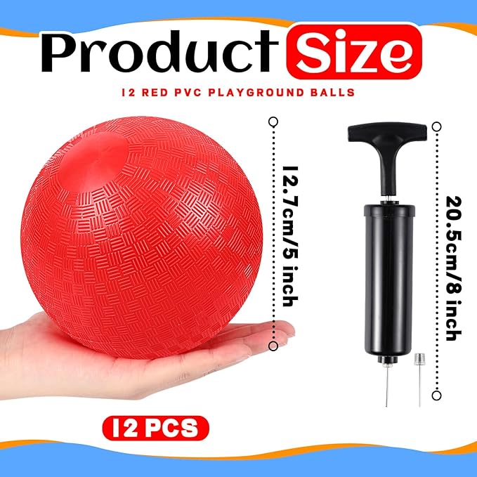 Hiboom Playground Balls 5 Inch Dodgeball Playground Balls Kick Outdoor Inflatable with 1 Pcs Hand Pump for Adults Yoga Exercise Gym Schoolyard (Red,12 Pcs)