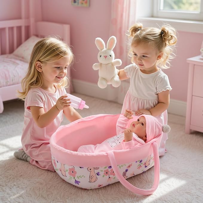 BABESIDE 8 Pcs Reborn Baby Doll Clothes with Bassinet for 17-22 Inch Baby Dolls, Baby Dolls Clothes Doll Accessories Set for Realistic Baby Dolls Girl (Not Doll)