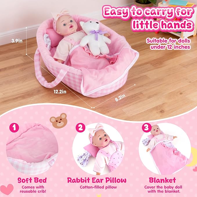AuntyFey 12" Baby Doll Set, Baby Doll Bassinet with Accessory for Girl Toddlers 1-3 with Bottle, Teddy Bear, Pillow, Blanket