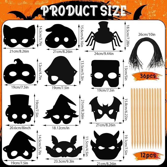 AUGSUN Halloween Crafts, 36pcs Scratch Art Mask Rainbow Magic Scratch Paper Mask Halloween Mask Crafts for Party Favors