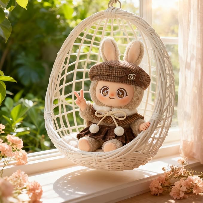 Doll Clothing Set (No Doll), Cute Cropped Straw Hat, Crossbody Bag, Dress, Suitable for 15-17cm Dolls, Outfit Accessory Set for Unique Styling (Brown-Houndstooth)