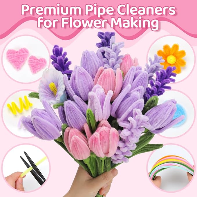 Praisebank Purple Pipe Cleaners for Crafts (400pcs with Instruction), Flower Making Kit, Chenille Stems for DIY Projecets, Arts & Crafts Supplies for Festival Party Decorations