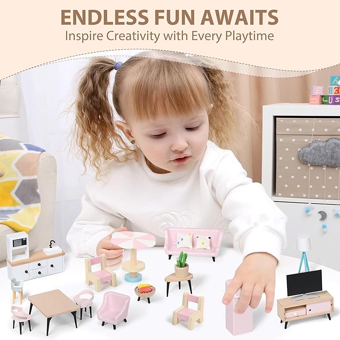 Pithfor Wooden Dollhouse Furniture Set, Dollhouse Accessories and Furniture, with 7 Rooms 3 Dolls, Includes Patio Set & Dog Set, Doll House Furniture Toys Gift for Kids Boys Girls