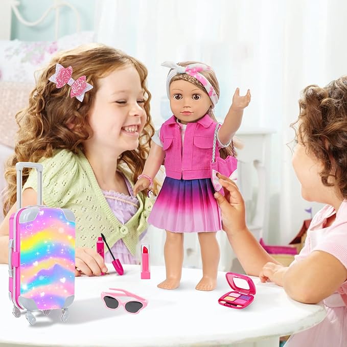 18 Inch Girl Doll Makeup Accessories Set and Clothes, Fit 18 inch Dolls, Suitcase Clothes Bag Hairband Eyeshadow Mascara Brush Lipstick Bracelet Sunglasses Hair Clips (Dolls and Shoes Not Included)