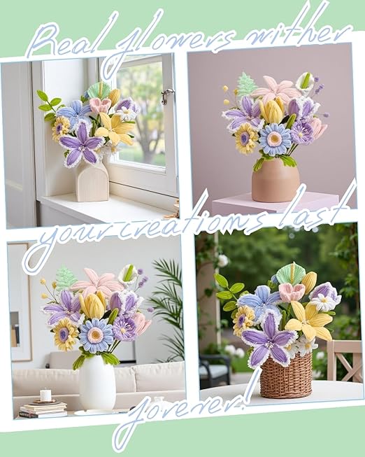 YYUENGTAK 350 Pcs Pipe Cleaners Flower kit（Macarons） with tutoria,Fluffy Yarn,Green Floral Wires,Gardening Tape,100 Stamens，Pipe Cleaners Craft,Chenille Stems for DIY Art Projects Creative Gift Decor