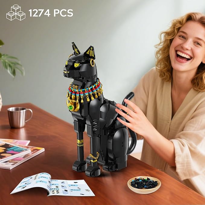 Egyptian Pharaoh Cat Building Set - Animal Black Cat Building Blocks Toy for Adults DIY Crafts Project Egyptian Cat Model for Home Office Decor, Easter Gift for Adults Women 10+ (1274PCS)