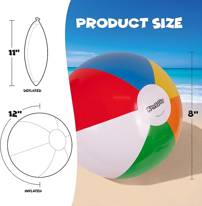 Kangaroo 12 Pack Inflatable Beach Balls for Kids & Adults – 12” Colorful Pool Fun Party Favors, Bulk Beach Toys for Swimming Games, Luau, Birthday, Summer Pool Party Decorations Supplies