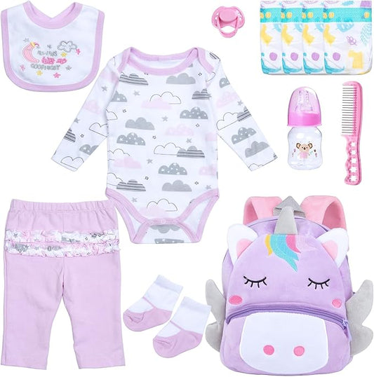 12 Pcs Reborn Baby Doll Clothes Girl Outfit Accessories with Backpack for 17-22 Inch Reborn Doll Newborn Baby Clothes with Backpack