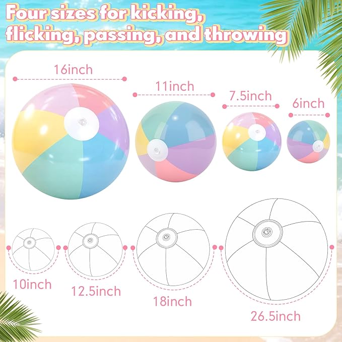 4 Pack Beach Balls in 4 Sizes (24" 16" 12" 8"), Inflatable Pastel Pool Balls for Kids Adults, Summer Beach Party Hawaiian Luau Birthday Party Supplies, Water Toys Gifts(Macarons)