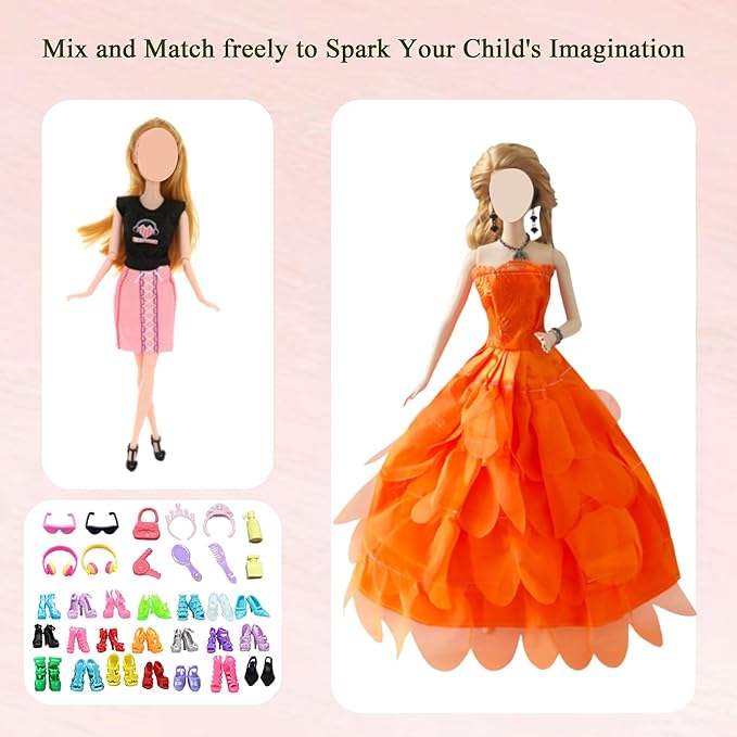 Doll Clothes and Accessories for 11.5 inch Dolls, Doll Clothes Including 6 Wedding Dresses 3 Fashion Dresses 1 Top Pant 1 Glass 1 Earphone 8 Toilet Suit 10 Shoes for Christmas Holiday Randomly Style