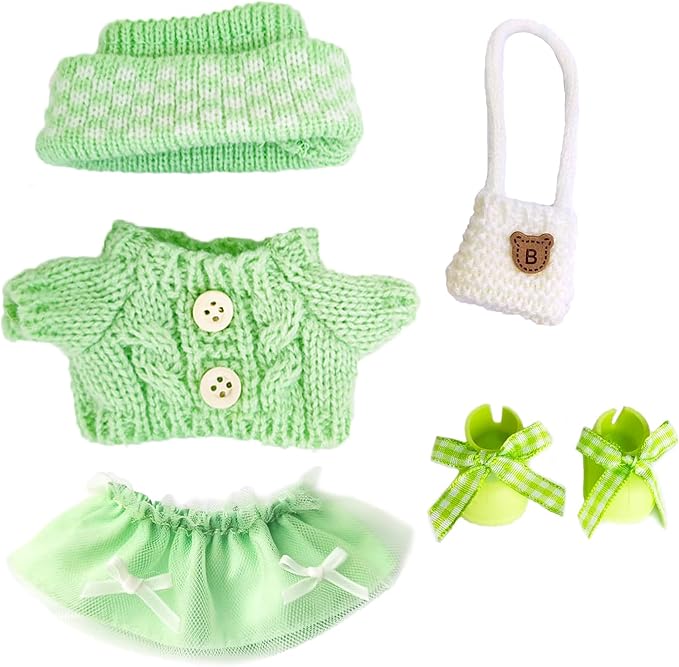 17cm Doll Clothes for Lububu,Outfits Set with Hand-Crocheted Green Sweater, Hat, Skirt, Shoes and Bag, Designer Clothing and Accessories for Macarons Series Dolls Dress-Up(Green Sweater Skirt)