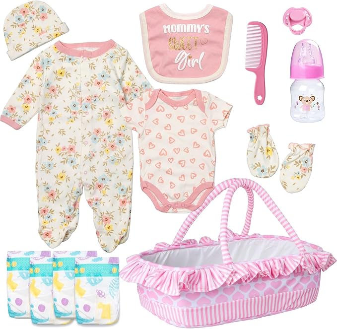 13 Pcs Reborn Baby Doll Clothes with Bassinet Pacifier Diaper fit 17-22 inch Reborn Dolls Cute Pink Baby Doll Clothes Accessories Set