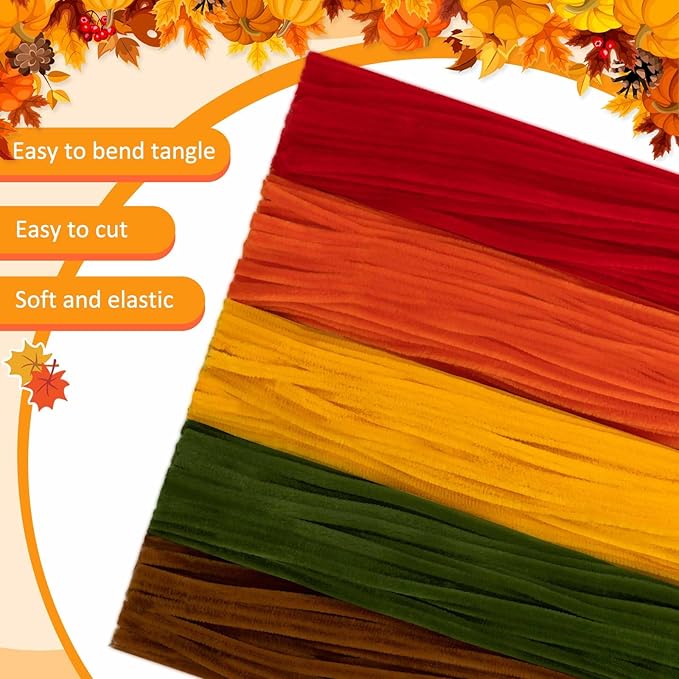 Peryiter 500 Pieces Pipe Cleaners Chenille Stems for Flowers Craft Supplies Bulk Fluffy Fuzzy Sticks for DIY Art Projects Creative Gift Wrapping Party Decorations(Fall Color,12 Inch)