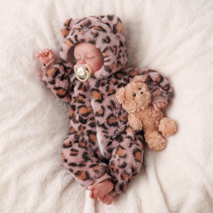 BABESIDE Reborn Baby Doll Clothes Set for 17-22 Inch Dolls, Cozy Babydolls Clothes with Hat for Lifelike Reborn Baby Doll Accessories, Leopard Print
