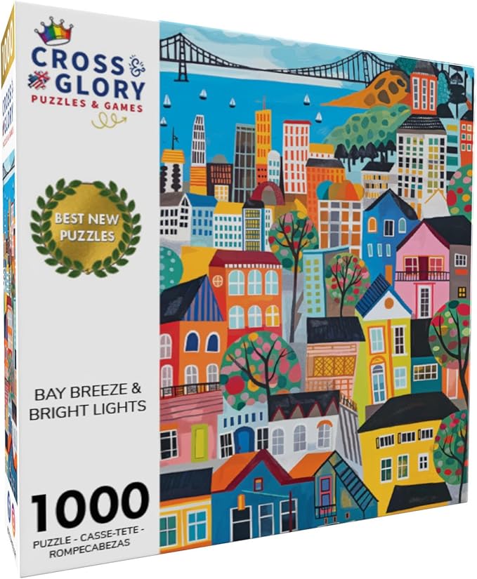 Cross & Glory - Bay Breeze & Bright Lights - 1000 Piece Jigsaw Puzzle for Adults | Vibrant San Francisco Folk Art Puzzle | Unique Puzzle Challenge for Art Lovers