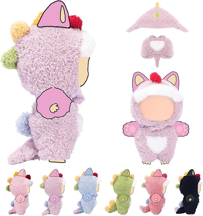 Clothes for LABUBU 17cm Doll (NO Dolls), Dinosaur Outfit for LABUBU, Dino Dolls Keychain Accessories, Faking Animal Style Outfit Jumpsuit Dinosaur Costume for LABUBU (Lavender)