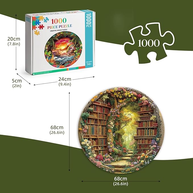 Round Jigsaw Puzzle 1000 Pieces - Enchanted Forest Library Design - 26.6" Circular Challenge, Book Lovers Aesthetic Decor, Mindful Activity Gift for Adults & Teens