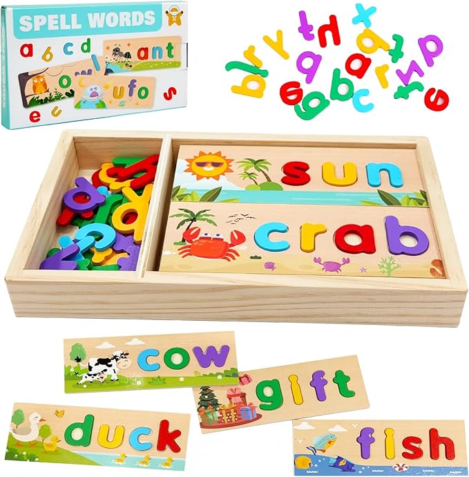 Preschool Learning Activities, Learning Toys for 3 Year Old Boys Girls See & Spell Matching Letter Game with Alphabet Cards for Kids, Preschool CVC Word Builders Toy