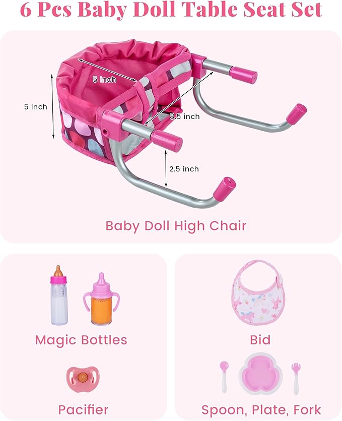 BABESIDE Baby Doll High Chair with Feeding Accessories, Doll High Chair Set for 12-20 Inch Dolls,Baby Doll Highchair & Feeding Set for Pretend Play, Perfect for 3+ Year Old Kids Boys & Girls
