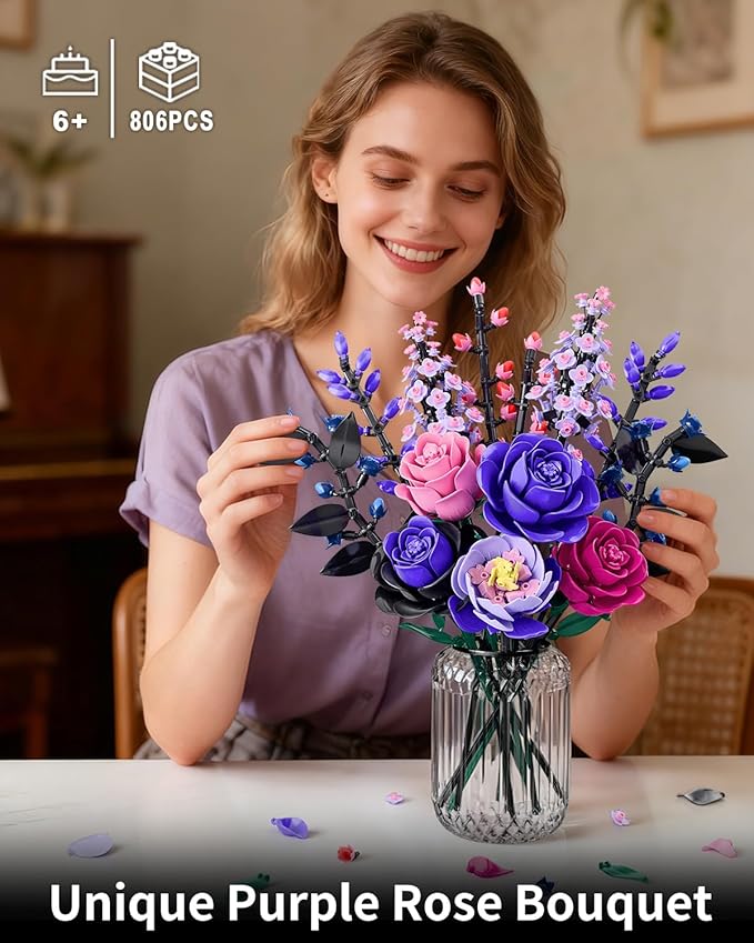 Flowers Bouquet Building Set - Purple Roses Botanical Collection Building Blocks for Adult Women, Artificial Flowers Gothic Home Decor Mother's Day Birthday Gift for Adults Kids Girls 6-12 (806PCS)