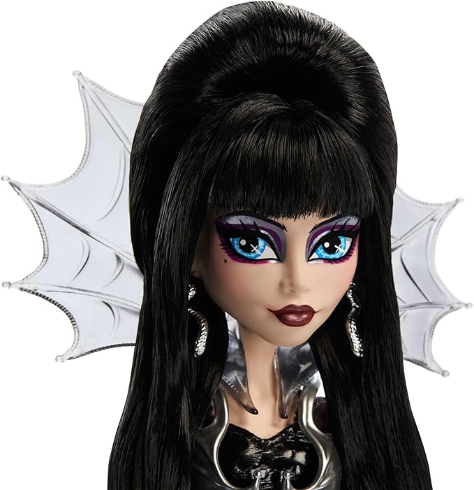 Monster High Doll, Elvira, Mistress of The Dark Collectible in Black Faux Leather Dress with Silvery Batwing Cape and Premium Accessories