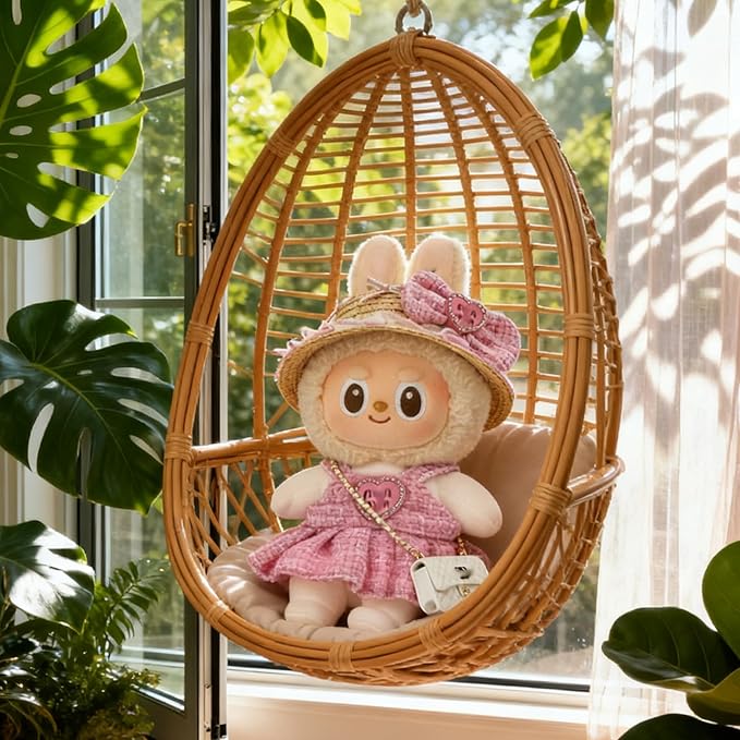 Doll Clothing Set (No Doll), Cute Cropped Straw Hat, Crossbody Bag, Dress, Suitable for 15-17cm Dolls, Outfit Accessory Set for Unique Styling (Pink-MIU)