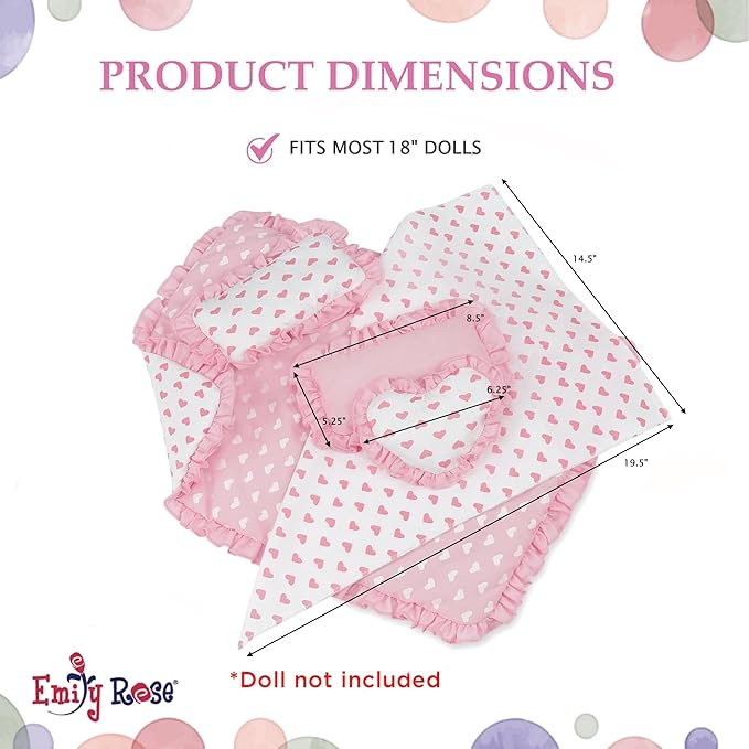 Emily Rose 18" Doll Pink Heart Valentines Bedding Set – 5 Pc Doll Bed Bedding & Bedroom Accessories with Comforter, Pillows & Matress Covering Flat – Fits American Girl, Bunk Beds, Cribs