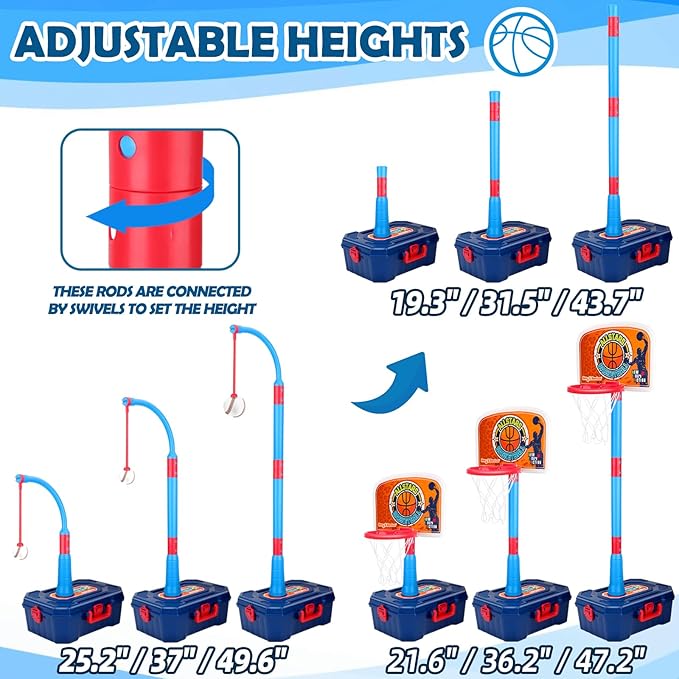 4 in 1 Kids Basketball Hoop and Tball Set for Toddlers 3+, Adjustable Basketball Stand, Hanging Tee Baseball Toy Set, Portable Indoor Outdoor Sports Toys, Birthday for Boys Ages 3-8
