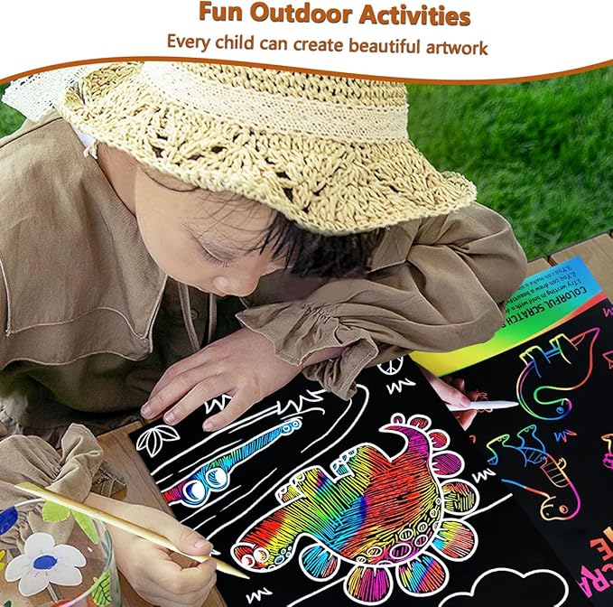 JUNQIU Scratch Art for Kids, Rainbow Scratch Paper Art Set - Dinosaurs, Arts and Crafts for Girls Boys Ages 4-8, Activity & Christmas Crafts, Stocking Stuffers for Kids