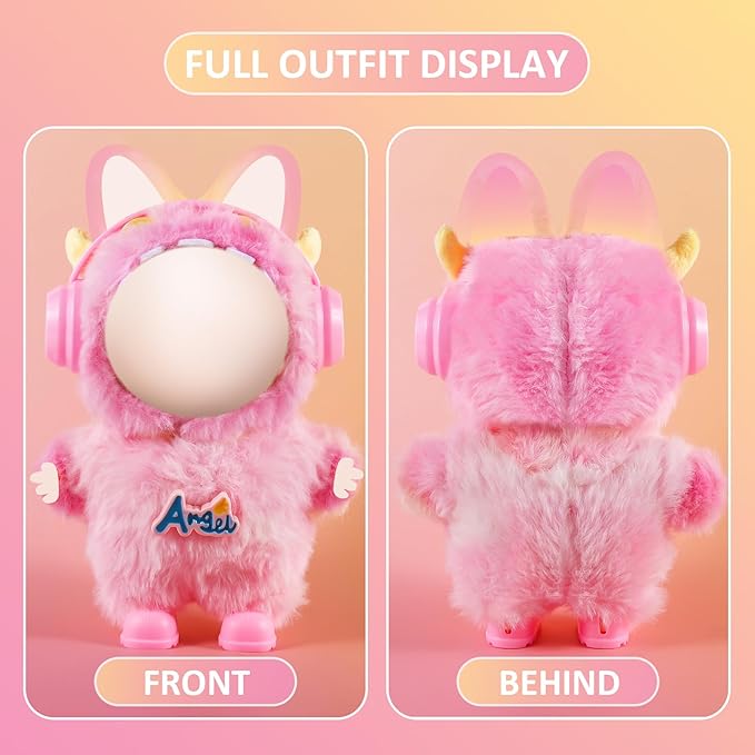 17cm Doll Clothes Set for Labubu Dress Up,Cute Outfit ,4 Piece Hat Overalls Headphones Shoes Dolls Clothing Accessories(NO Doll) (Pink)