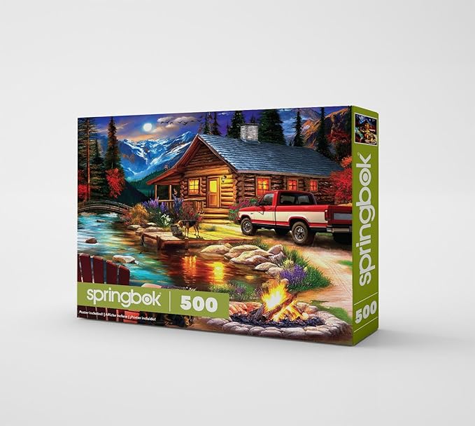 Springbok Cabin on the Creek 500 Piece Jigsaw Puzzle for Adults - Poster Now Included - Moonlit Outdoor Puzzle - Unique Cut Pieces - Made in USA