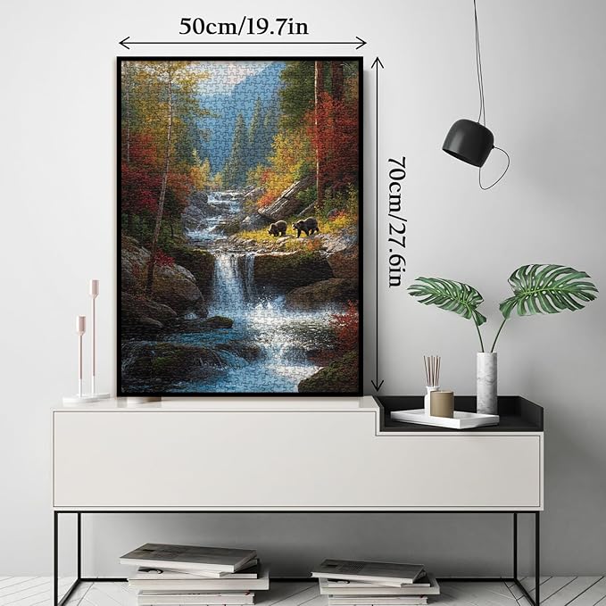 Autumn Waterfall Landscape Puzzles for Adults 1000 Pieces, Nature Forest Mountain Scenic Jigsaw Puzzle, Challenging Fall Plant Tree River Bear Puzzle