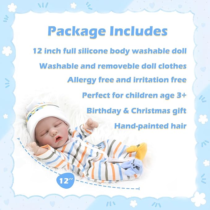 CARANOVO Lifelike Reborn Baby Dolls - 12 Inch Full Body Vinyl Realistic Baby Doll Sleeping Newborn Real Life Small Baby Doll for 3 + Year Old Kids