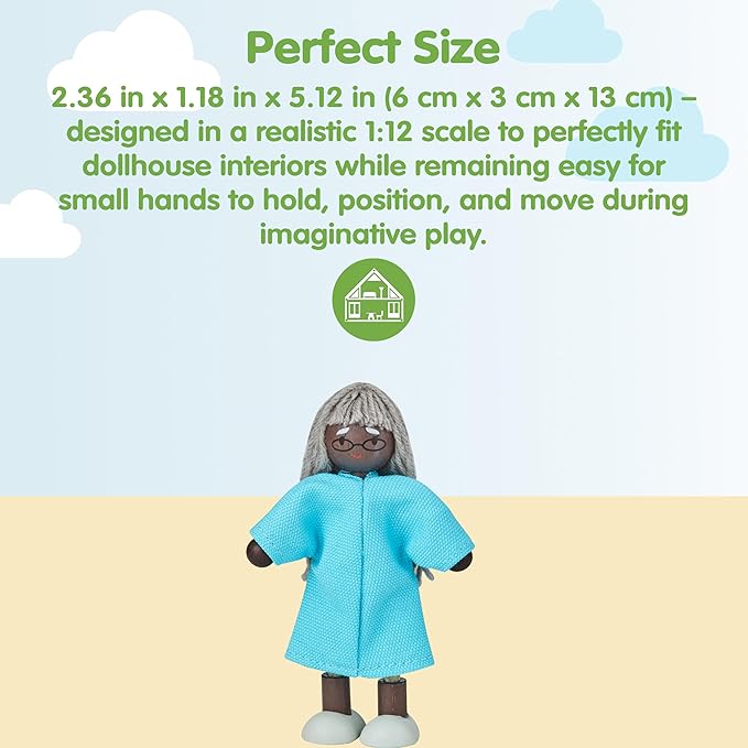 PlanToys® Grandmother Wooden Dollhouse Figurine | Poseable 1:12 Scale Mini Doll (5 Inch) | Dollhouse Accessories for Pretend Play | Eco-Friendly Montessori Toy for Kids Ages 3+