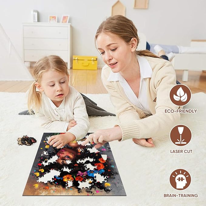 Beautiful African American Black Girl Wooden Puzzles for Adults, Afro Fashion Flora Girl Jigsaw Puzzles, Unique Shaped Flower Wood Puzzle 500Pieces, 18.1x14.5in, Birthday Gifts Family Game