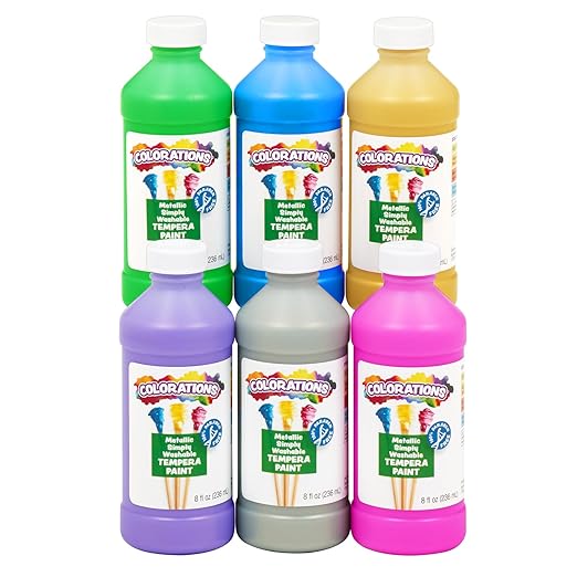 Colorations Paraben-Free Metallic Simply Washable Tempera Paint- Set of 6, 8 oz. Each Bottle, Non-Toxic, Classroom Essentials, Arts and Crafts Supplies for Kids and Adults