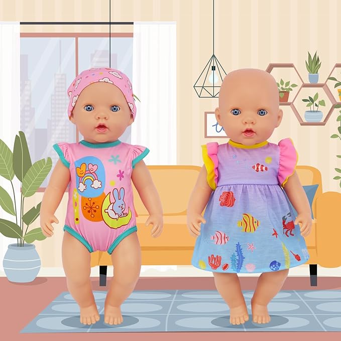 ECORELF 4 Set Doll Clothes, Baby Doll Clothes for 14 -16 Inch, 18 Inch Girl Doll Clothes Outfits and Accessories 7 Pcs Include Jumpsuit, Dresses, Headbands, Hats, Shoes (No Dolls)
