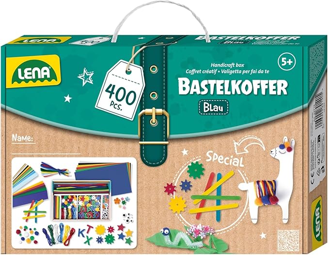 Lena 42715 Craft Case Parts, Material for Crafts with Colourful Paper, Foam Rubber, Pipe Cleaners, Wiggle Eyes, Pompoms, Ice Sticks and More, for Children from 5 Years, 400 Blue & Green