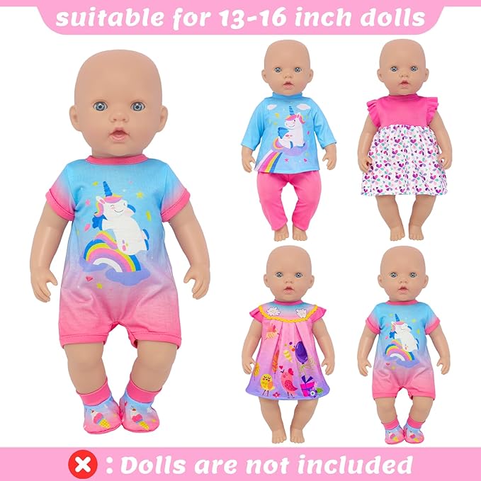ECORELF 4 Set Baby Doll Clothes for 13-16 Inch Dolls, 6 Pcs 14 Inch Doll Clothes Accessories Dress Outfits Include Skirts, Top, Pants, Jumpsuit
