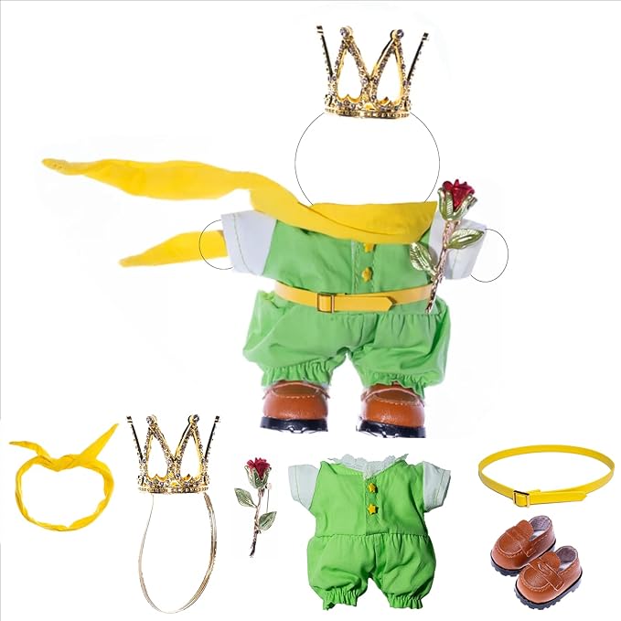 6PCS Princeling Doll Clothes Set for Dolls – Green Suit with Crown, Yellow Scarf, Belt, Shoes & Rose Accessory – Fantasy Costume Outfit – Doll Not Included