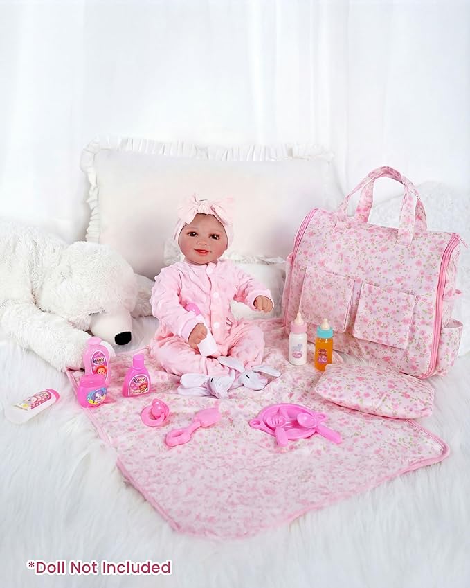 BABESIDE 10 Pcs Baby Doll Diaper Bag Set – Reborn Baby Doll Accessories with Changing Pad, Feeding Bottles, Care Set– Diaper Bag Toys for Baby Dolls up to 21 Inches, Gift for Girls Ages 3 and Up